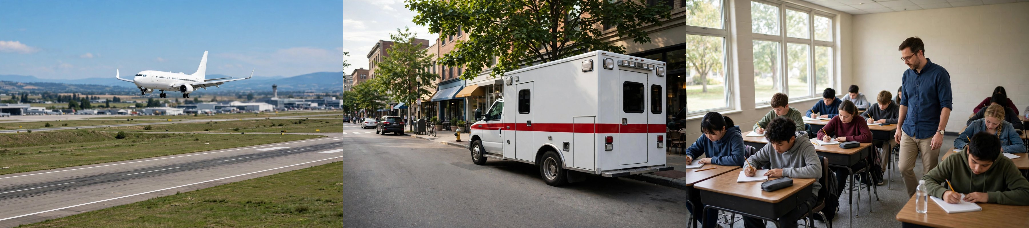 A jet on final approach, an ambulance on a main street, and a classroom — the tower, the street, and the classroom.