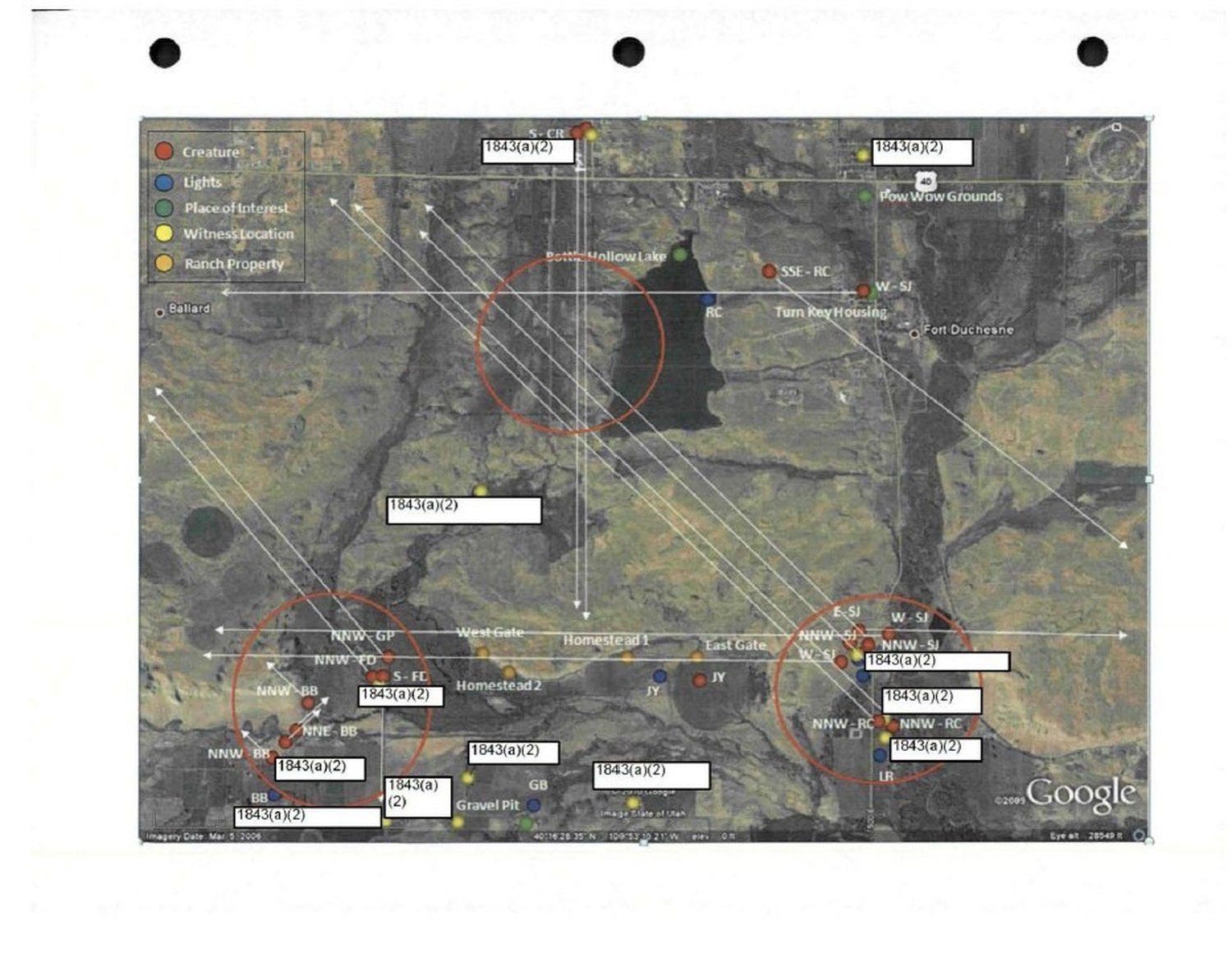 Satellite map of Skinwalker Ranch near Fort Duchesne, Utah, plotted with colored markers and redaction boxes, from the Pentagon’s released investigation file.