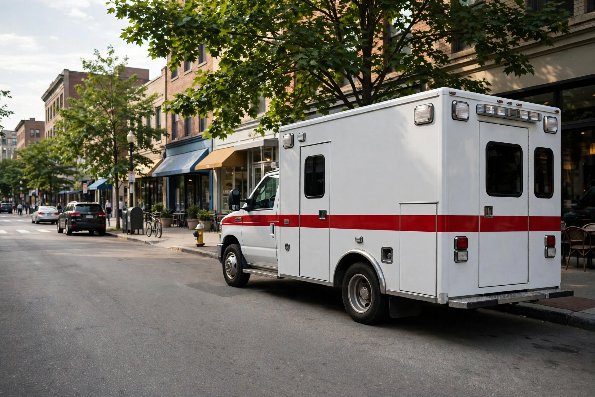 A white American ambulance with a red stripe, parked on a main street.