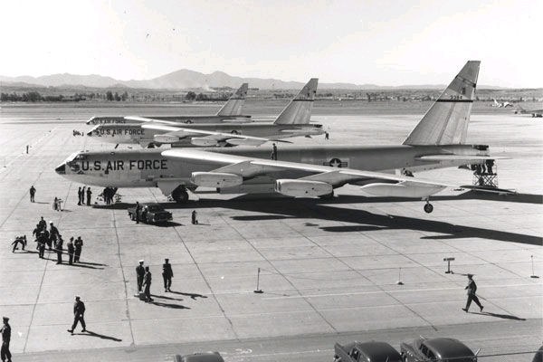 B-52B Stratofortresses of the 93rd Bombardment Wing at Castle Air Force Base, California, in 1957.