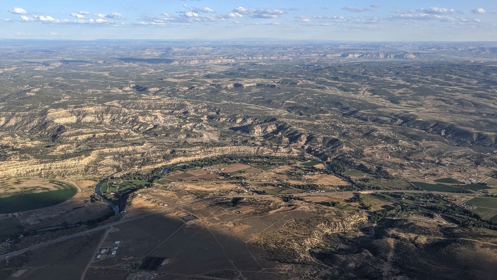 An aerial view of the Animas River valley near Cedar Hill, New Mexico.