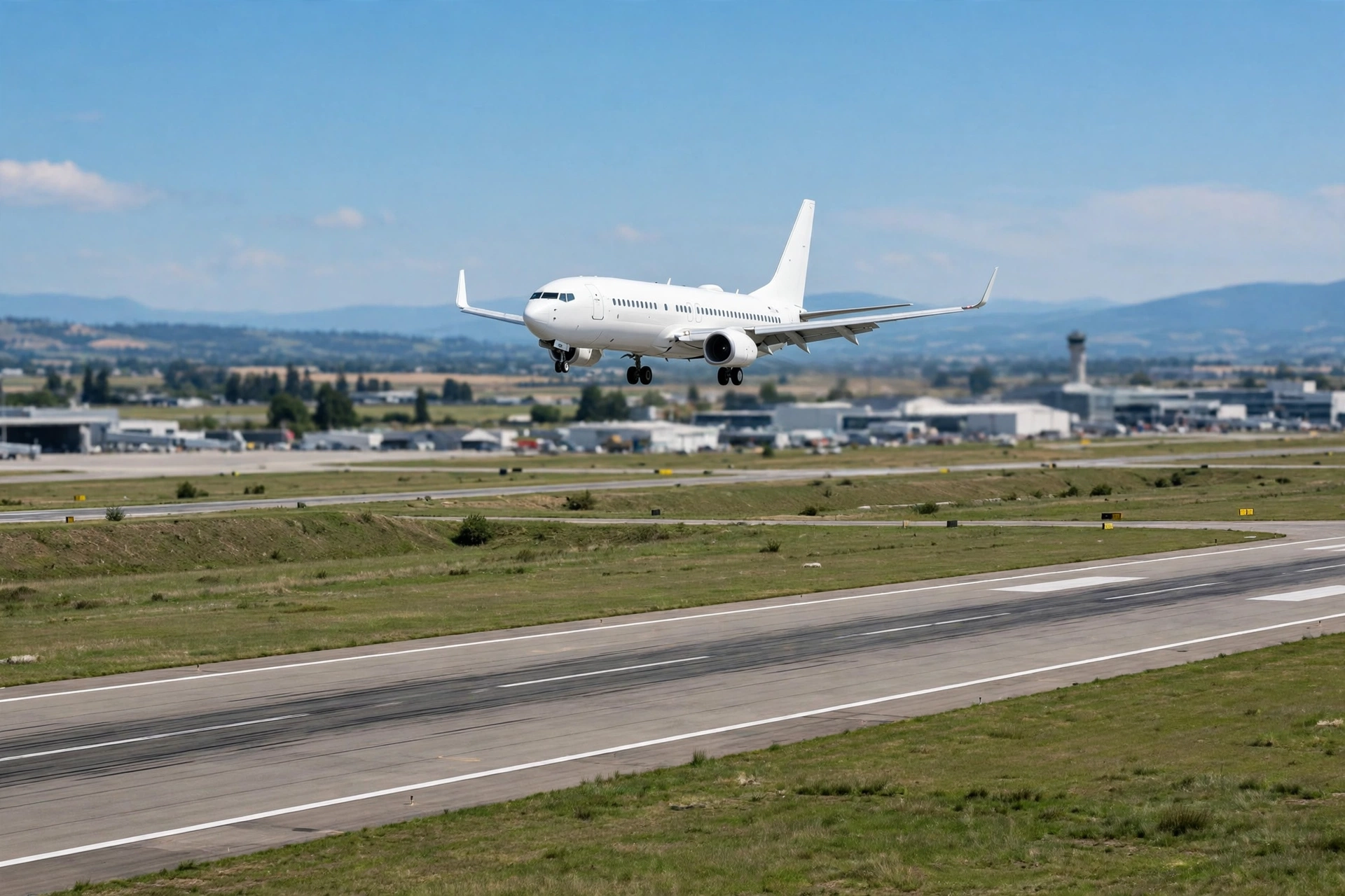 A passenger jet on final approach, landing gear down over the runway.