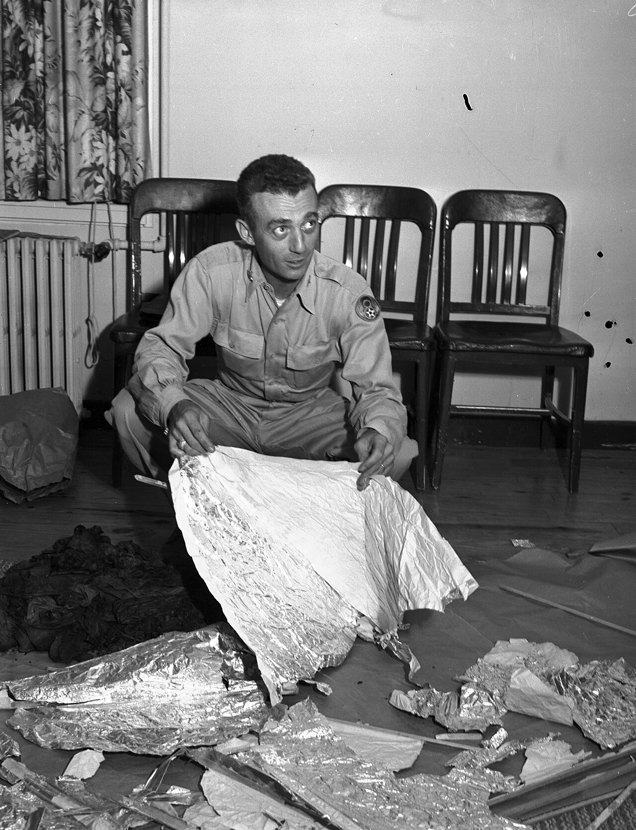 Maj. Jesse Marcel with the Roswell debris in Fort Worth, July 8, 1947.