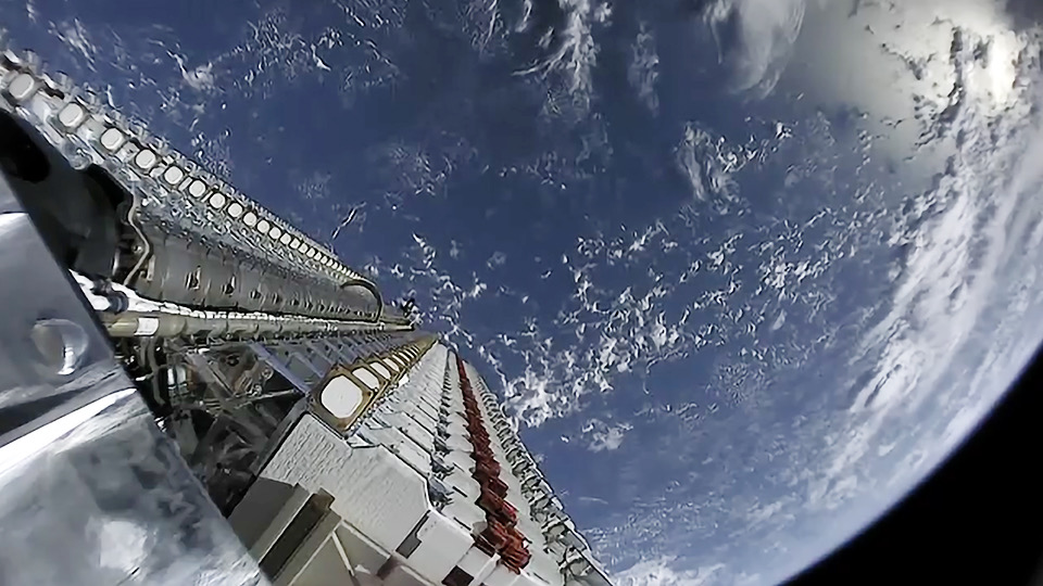 A stack of Starlink satellites before deployment.