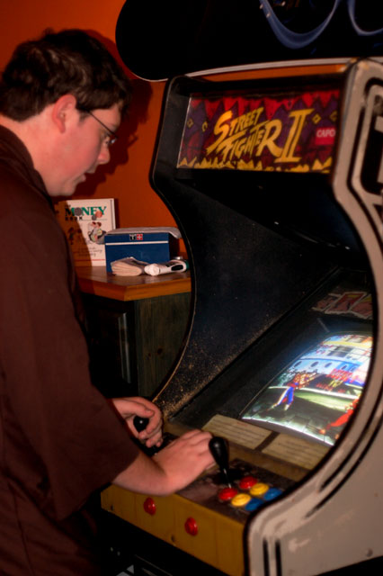 A Street Fighter II arcade cabinet, photographed in 2006.