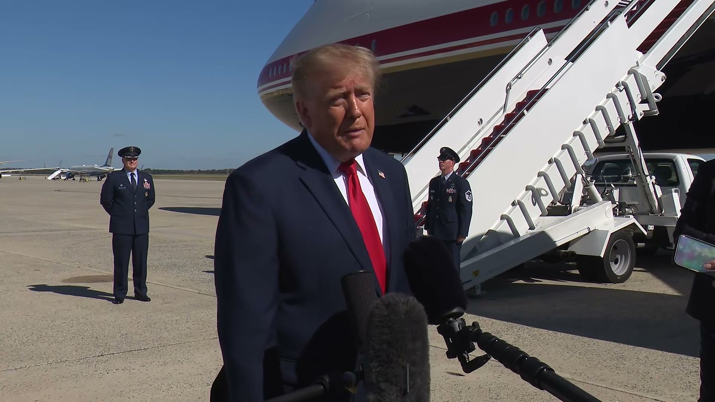 President Trump speaks to reporters at Joint Base Andrews on Sunday, October 25, 2026.