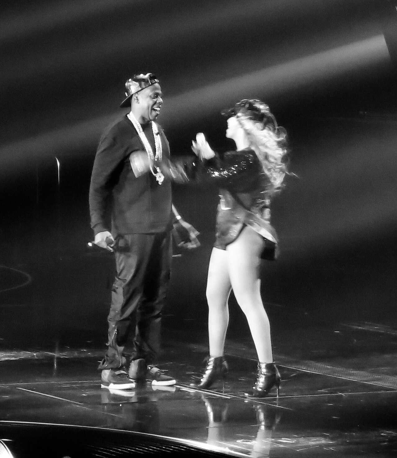 Beyoncé and Jay-Z performing together on the Mrs. Carter tour.