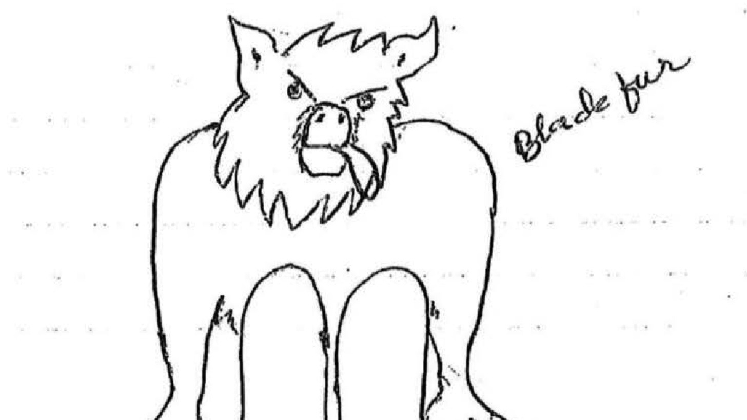 A witness's pen drawing of a dog-like creature with pointed ears, a rounded snout and its tongue out, annotated 'Black fur.'