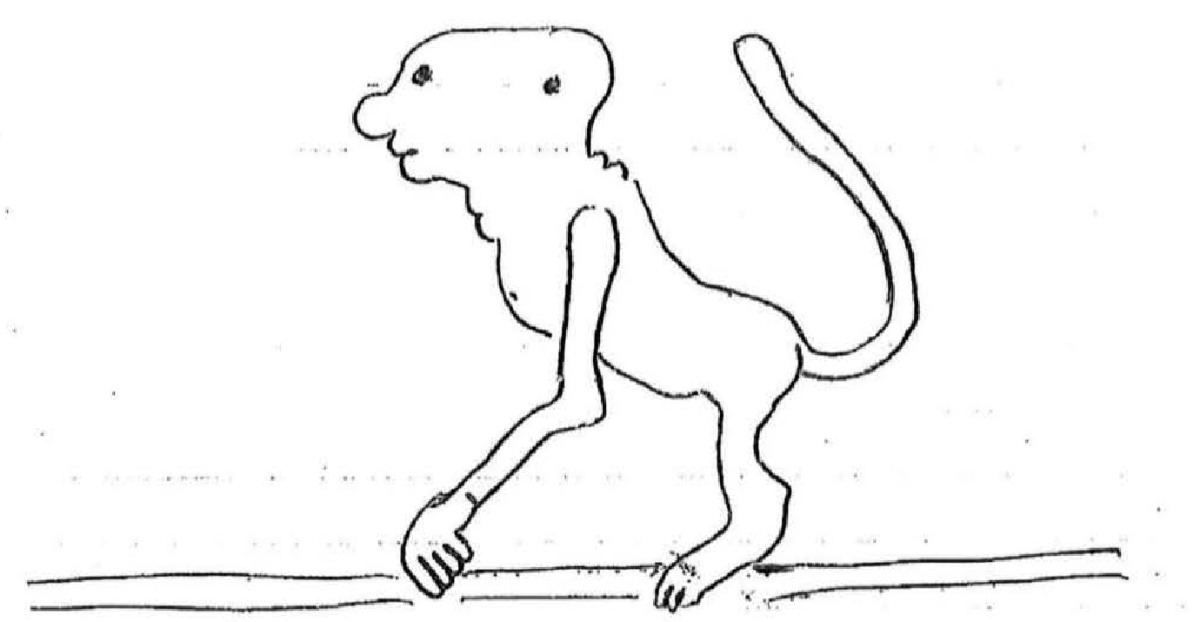 A witness's pen drawing, in profile, of a pale hunched creature with a long tail, walking with one hand-like paw touching the ground.